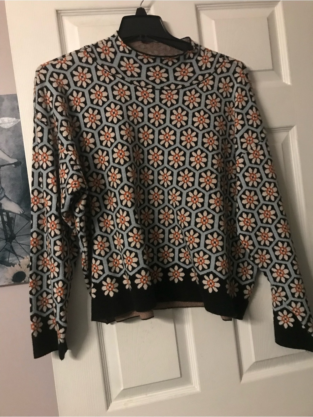 MaEVe Anthropologie Patterned Crewneck Sweater in Light Blue and Black